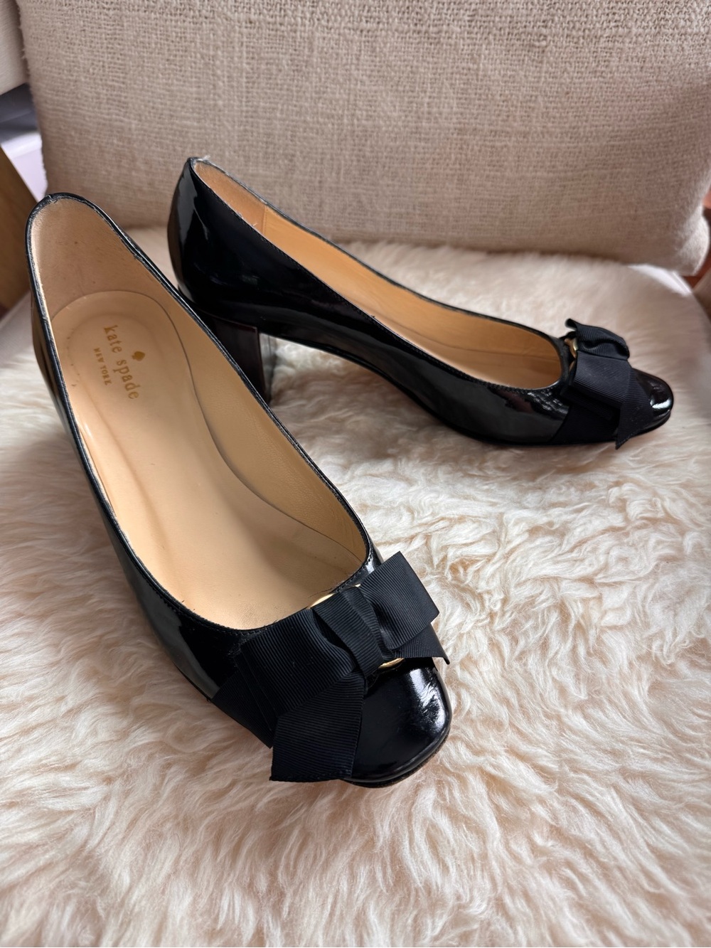 kate spade Black Patent Leather Bow Peep-Toe Pumps